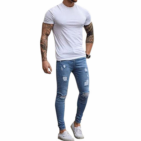 Fashion Destroyed Torn Pants Men's Pant Zipper Skinny Jeans (Blue) Fashion Destroyed Torn Pants Men's Pant Zipper Skinny Jeans (Blue)