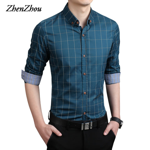 ZhenZhou Plaid Men Shirts Tailoring Slim Fit M-5XL 100% Cotton Mens Dress Shirts Male Clothes Social Casual Shirt Men Brand
